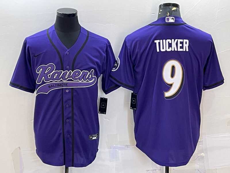 Mens Baltimore Ravens #9 Justin Tucker Purple With Patch Cool Base Stitched Baseball Jersey